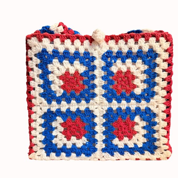 Granny Square Crochet Tote Retro Hippie Style Book Bag Red White Blue School Col - Picture 16 of 16